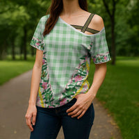 Hawaii Pikake Lokelani Plumeria Lei Cross Shoulder Shirt Green Palaka Motifs