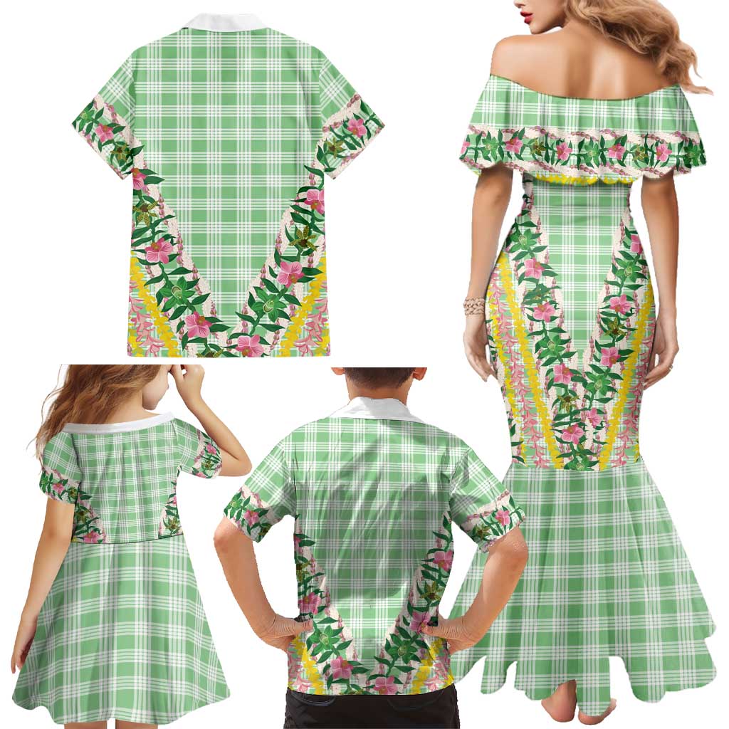 Hawaii Pikake Lokelani Plumeria Lei Family Matching Mermaid Dress and Hawaiian Shirt Green Palaka Motifs