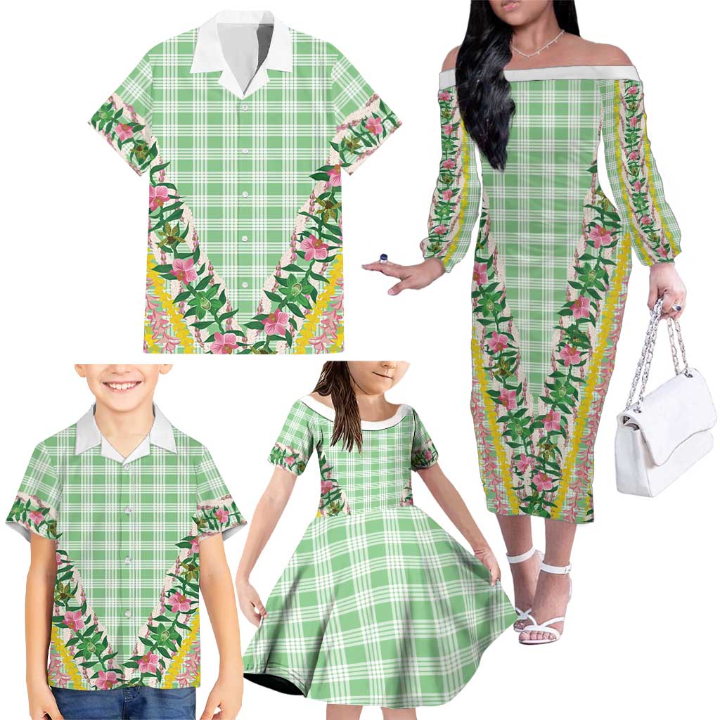 Hawaii Pikake Lokelani Plumeria Lei Family Matching Off The Shoulder Long Sleeve Dress and Hawaiian Shirt Green Palaka Motifs