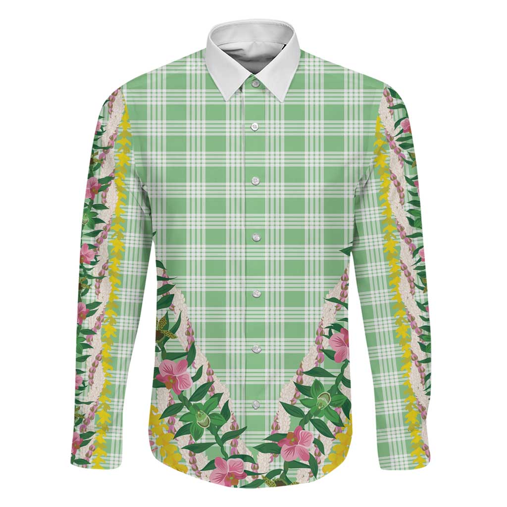 Hawaii Pikake Lokelani Plumeria Lei Family Matching Off The Shoulder Long Sleeve Dress and Hawaiian Shirt Green Palaka Motifs