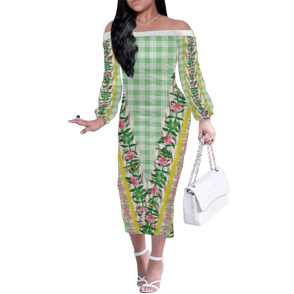 Hawaii Pikake Lokelani Plumeria Lei Family Matching Off The Shoulder Long Sleeve Dress and Hawaiian Shirt Green Palaka Motifs