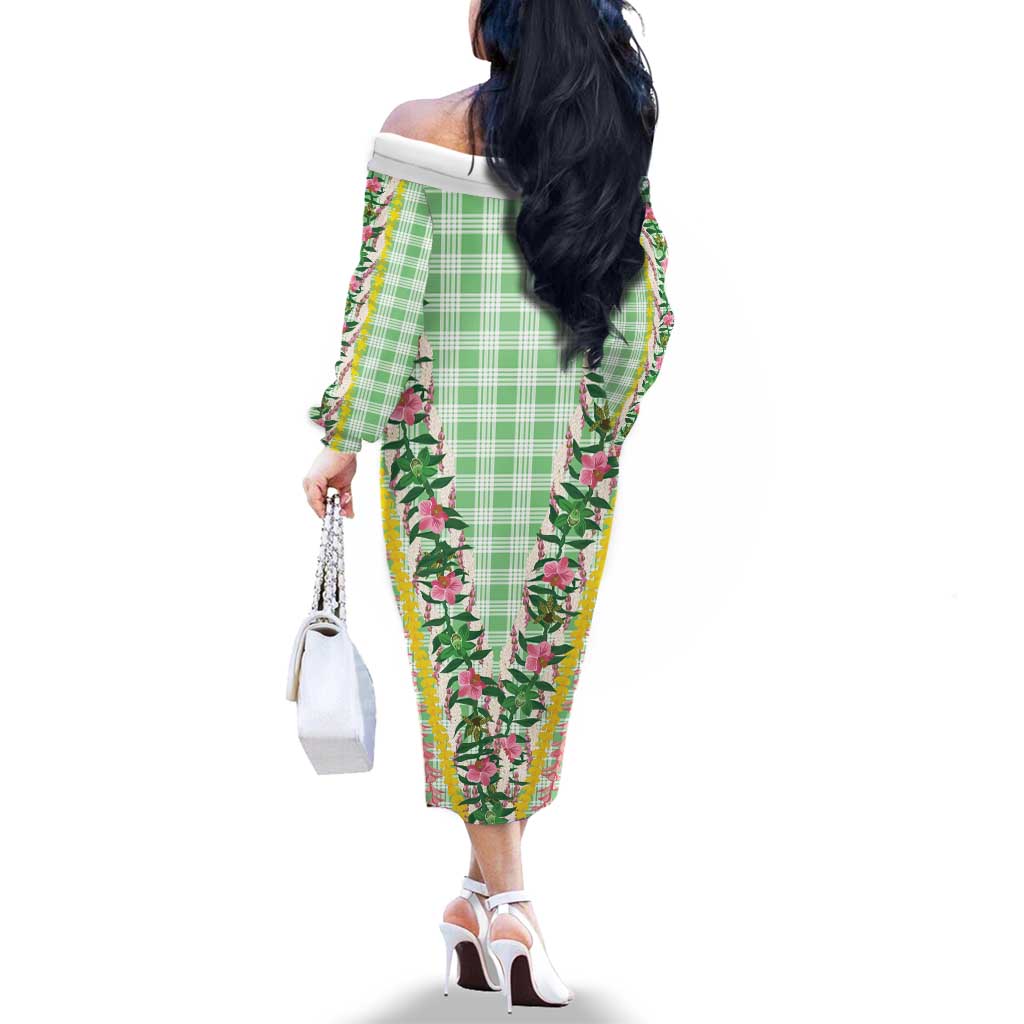 Hawaii Pikake Lokelani Plumeria Lei Family Matching Off The Shoulder Long Sleeve Dress and Hawaiian Shirt Green Palaka Motifs