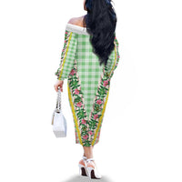 Hawaii Pikake Lokelani Plumeria Lei Family Matching Off The Shoulder Long Sleeve Dress and Hawaiian Shirt Green Palaka Motifs