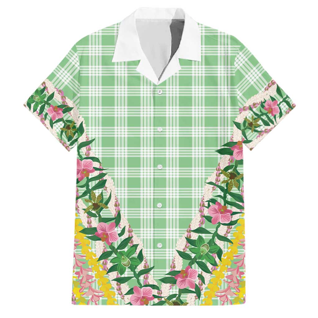 Hawaii Pikake Lokelani Plumeria Lei Family Matching Off Shoulder Maxi Dress and Hawaiian Shirt Green Palaka Motifs
