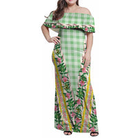 Hawaii Pikake Lokelani Plumeria Lei Family Matching Off Shoulder Maxi Dress and Hawaiian Shirt Green Palaka Motifs