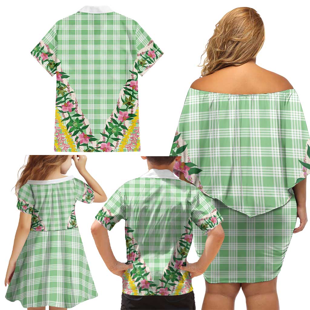 Hawaii Pikake Lokelani Plumeria Lei Family Matching Off Shoulder Short Dress and Hawaiian Shirt Green Palaka Motifs
