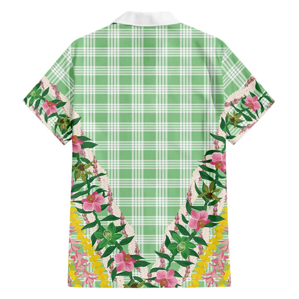 Hawaii Pikake Lokelani Plumeria Lei Family Matching Off Shoulder Short Dress and Hawaiian Shirt Green Palaka Motifs