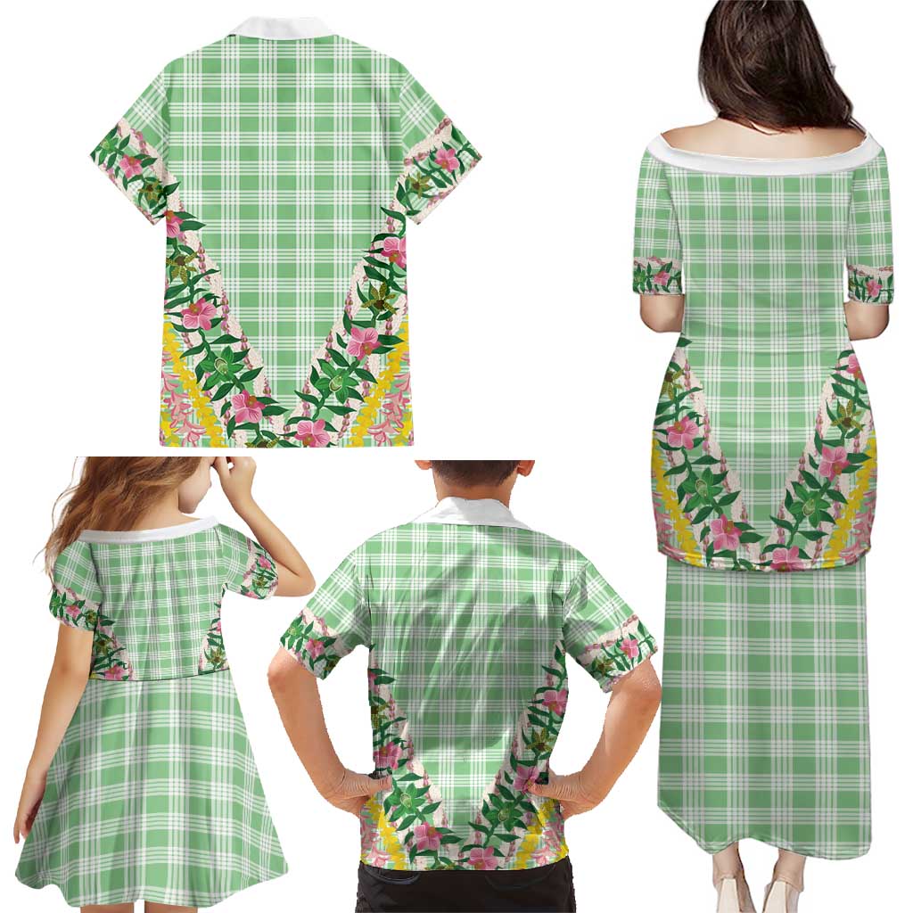 Hawaii Pikake Lokelani Plumeria Lei Family Matching Puletasi and Hawaiian Shirt Green Palaka Motifs
