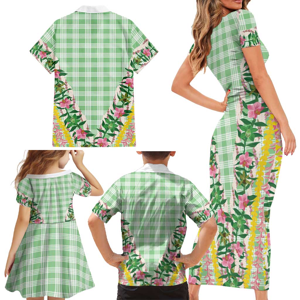 Hawaii Pikake Lokelani Plumeria Lei Family Matching Short Sleeve Bodycon Dress and Hawaiian Shirt Green Palaka Motifs