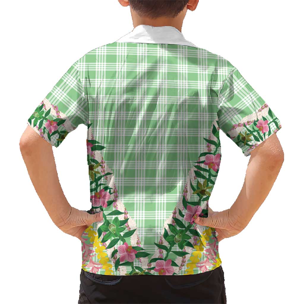 Hawaii Pikake Lokelani Plumeria Lei Family Matching Summer Maxi Dress and Hawaiian Shirt Green Palaka Motifs