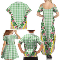 Hawaii Pikake Lokelani Plumeria Lei Family Matching Summer Maxi Dress and Hawaiian Shirt Green Palaka Motifs