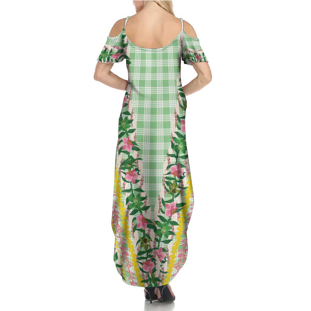 Hawaii Pikake Lokelani Plumeria Lei Family Matching Summer Maxi Dress and Hawaiian Shirt Green Palaka Motifs