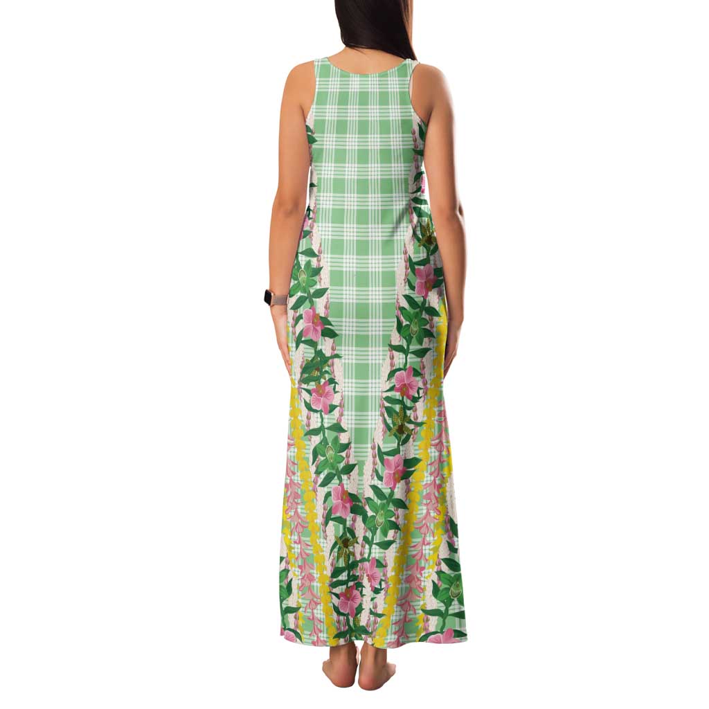 Hawaii Pikake Lokelani Plumeria Lei Family Matching Tank Maxi Dress and Hawaiian Shirt Green Palaka Motifs