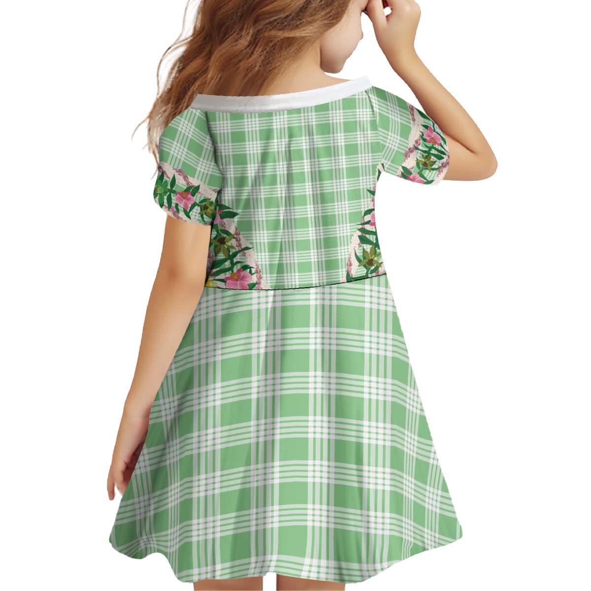 Hawaii Pikake Lokelani Plumeria Lei Kid Short Sleeve Dress Green Palaka Motifs