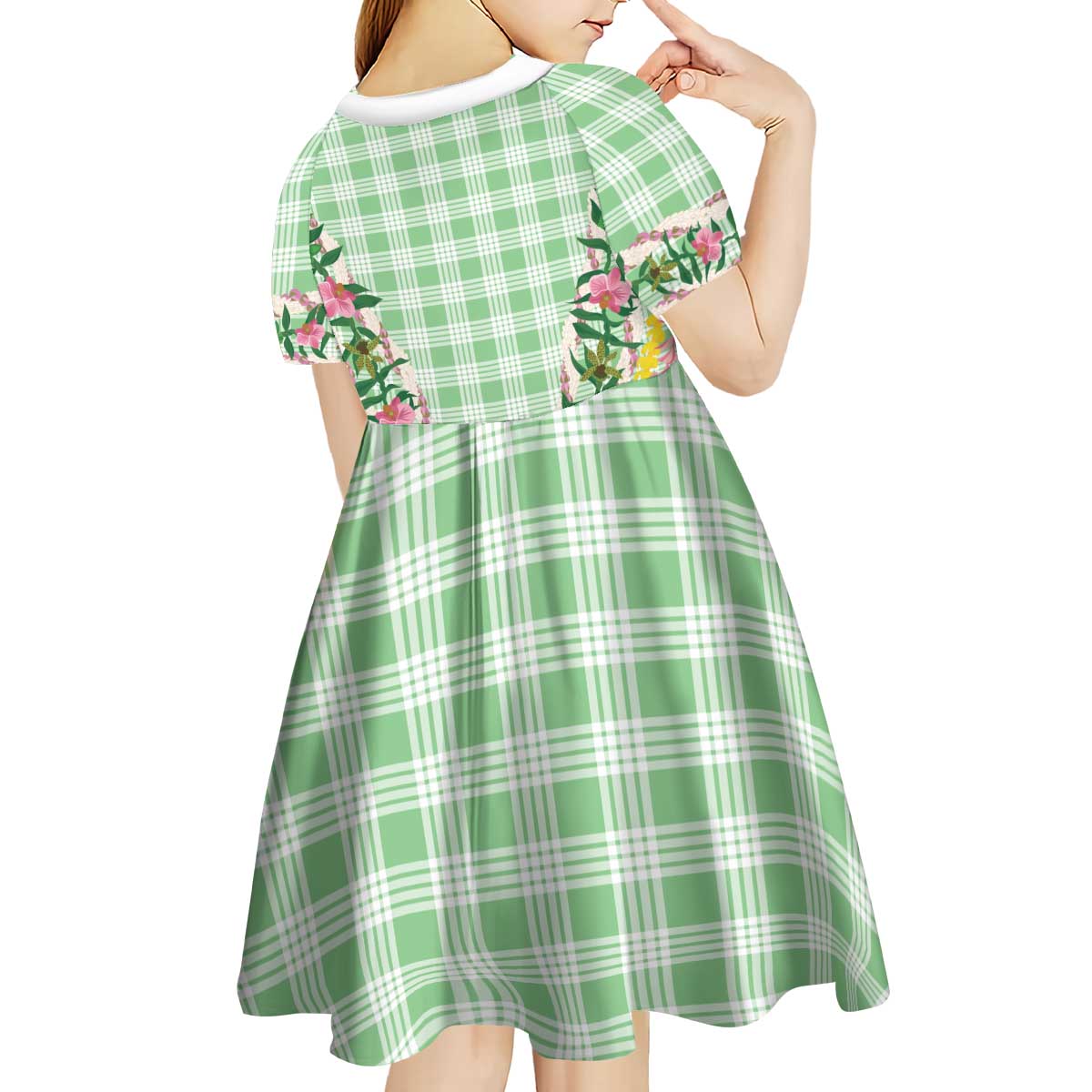 Hawaii Pikake Lokelani Plumeria Lei Kid Short Sleeve Dress Green Palaka Motifs