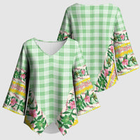 Hawaii Pikake Lokelani Plumeria Lei Kimono Sleeve Blouse Green Palaka Motifs