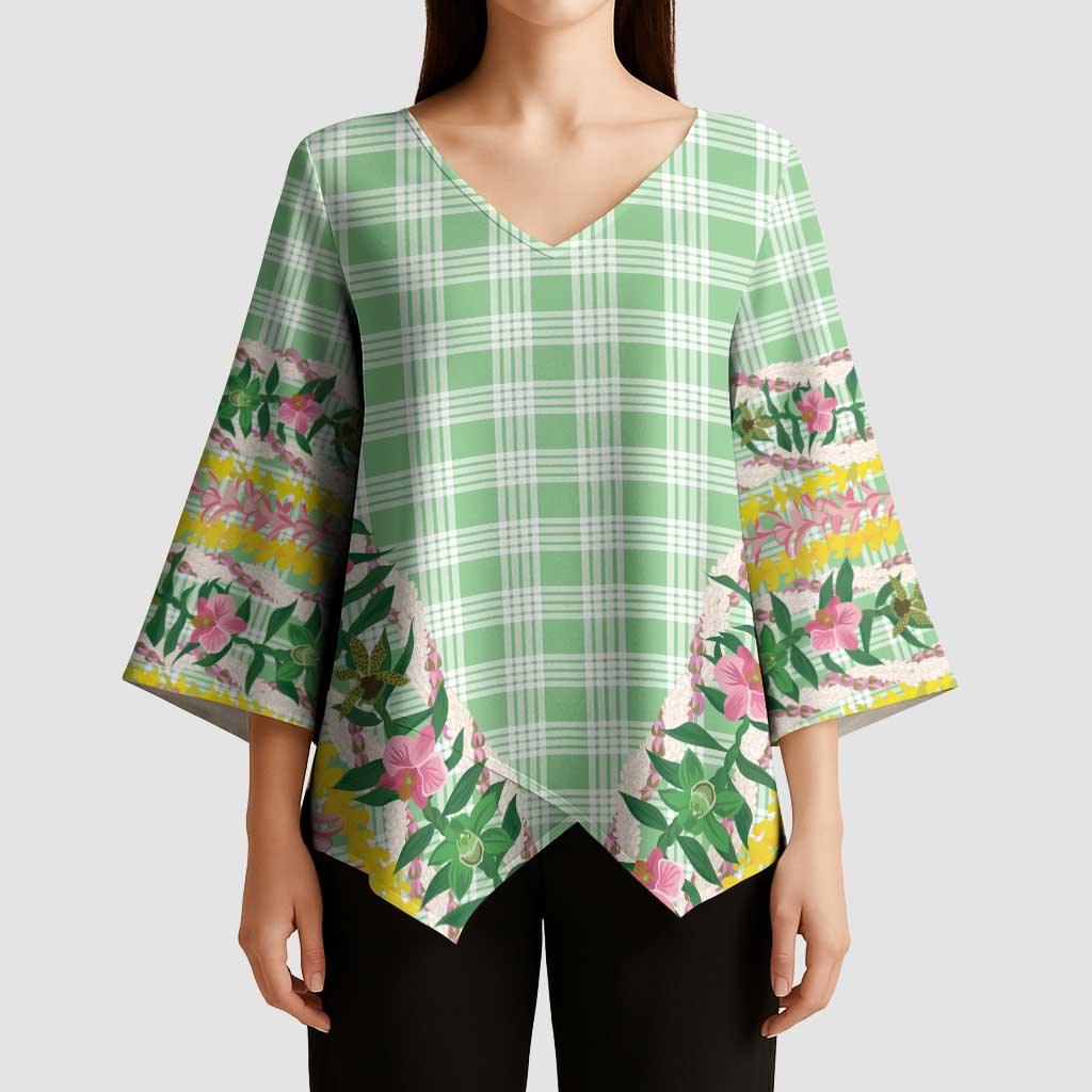 Hawaii Pikake Lokelani Plumeria Lei Kimono Sleeve Blouse Green Palaka Motifs