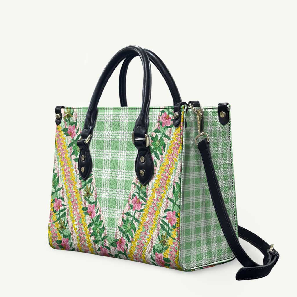 Hawaii Pikake Lokelani Plumeria Lei Leather Bag Green Palaka Motifs