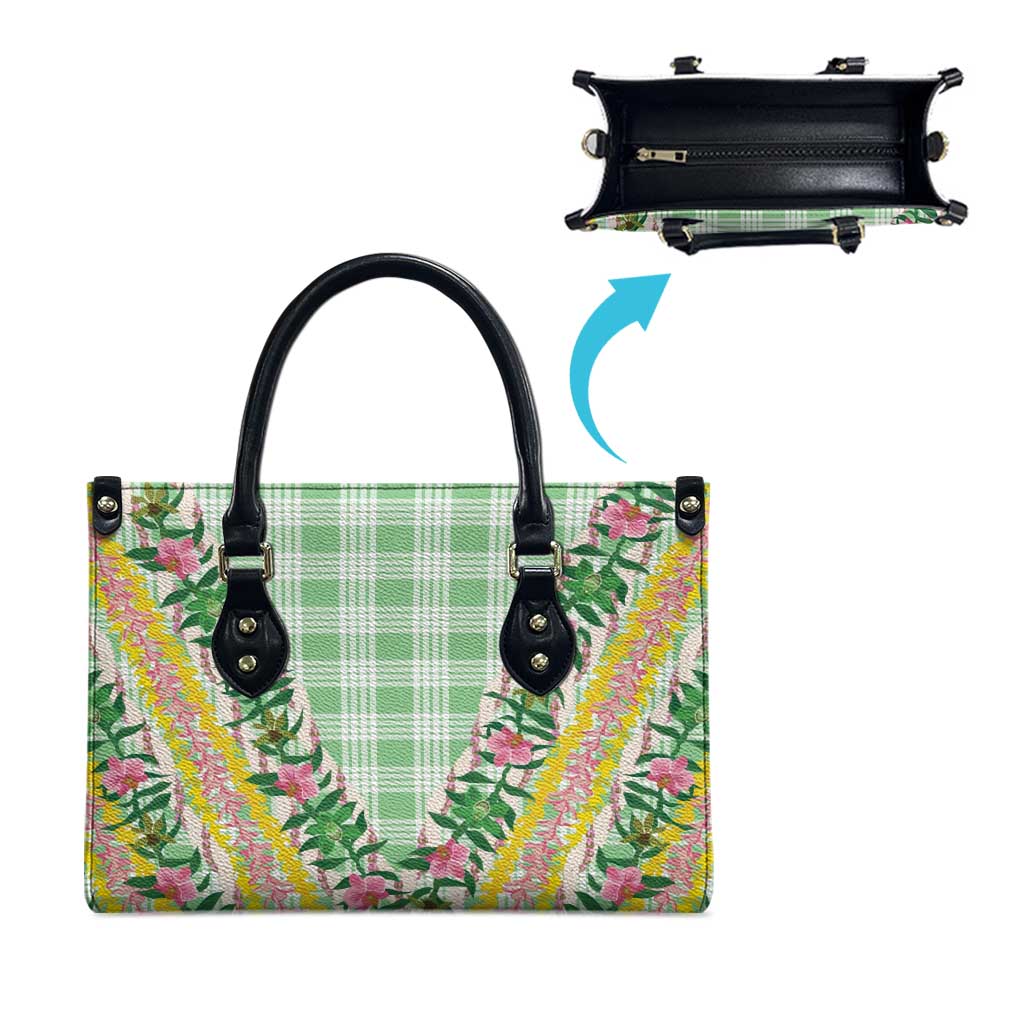Hawaii Pikake Lokelani Plumeria Lei Leather Bag Green Palaka Motifs