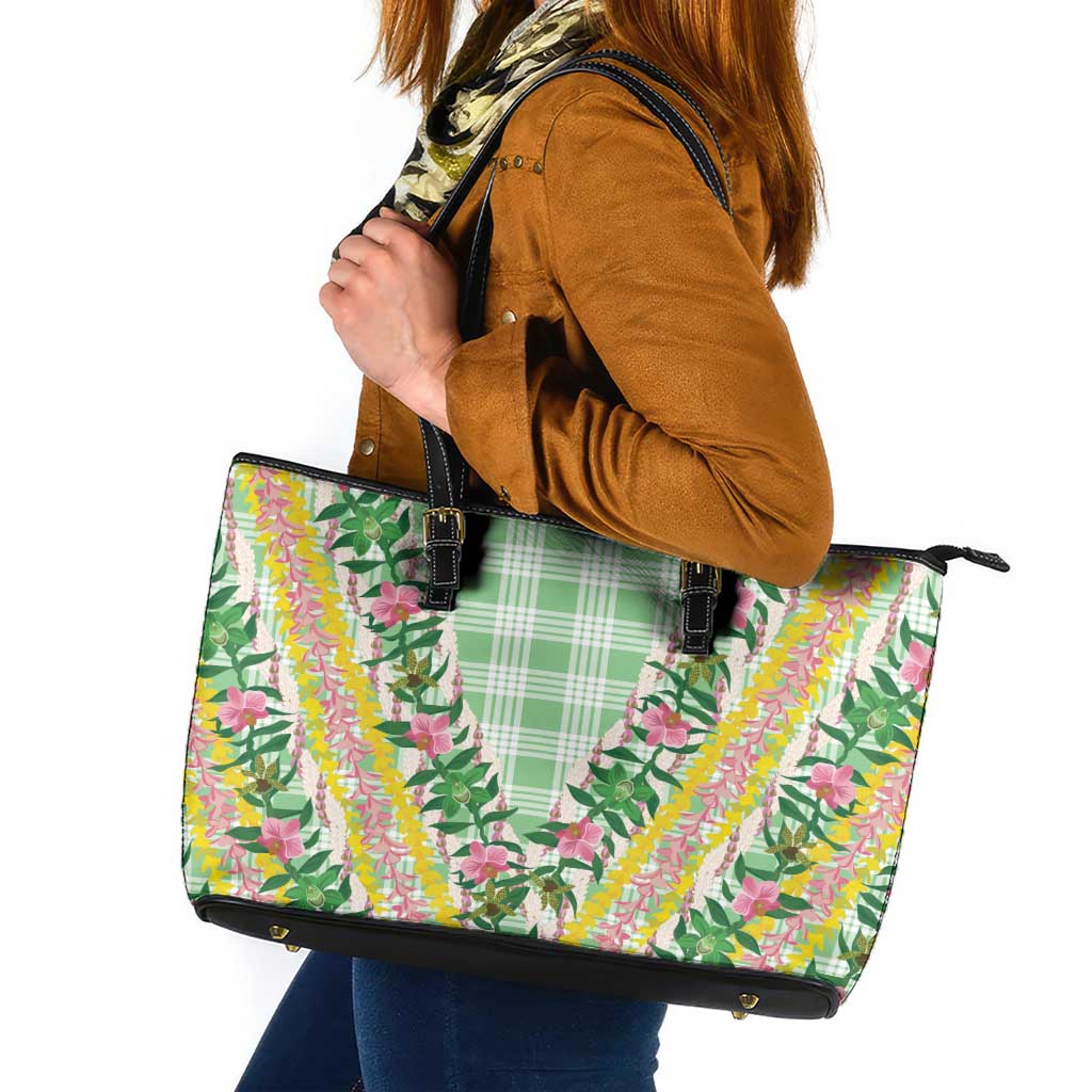 Hawaii Pikake Lokelani Plumeria Lei Leather Tote Bag Green Palaka Motifs