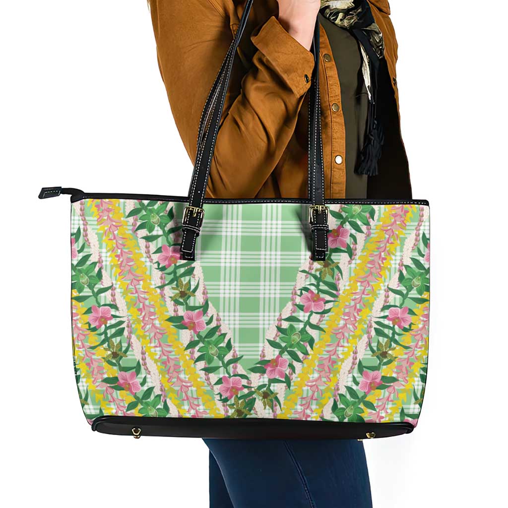 Hawaii Pikake Lokelani Plumeria Lei Leather Tote Bag Green Palaka Motifs