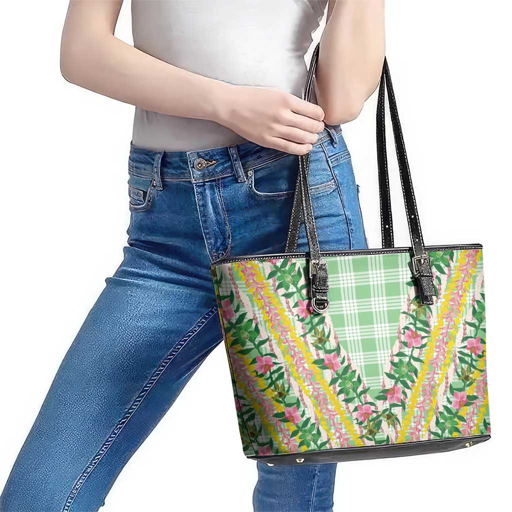 Hawaii Pikake Lokelani Plumeria Lei Leather Tote Bag Green Palaka Motifs