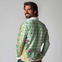 Hawaii Pikake Lokelani Plumeria Lei Long Sleeve Polo Shirt Green Palaka Motifs