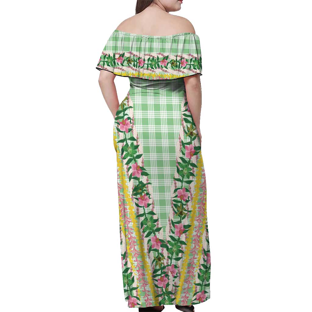 Hawaii Pikake Lokelani Plumeria Lei Off Shoulder Maxi Dress Green Palaka Motifs