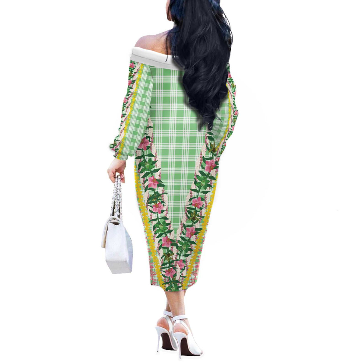 Hawaii Pikake Lokelani Plumeria Lei Off The Shoulder Long Sleeve Dress Green Palaka Motifs