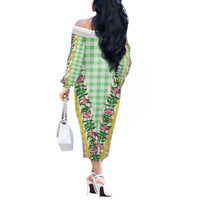 Hawaii Pikake Lokelani Plumeria Lei Off The Shoulder Long Sleeve Dress Green Palaka Motifs