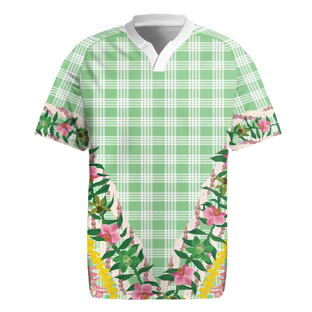 Hawaii Pikake Lokelani Plumeria Lei Rugby Jersey Green Palaka Motifs