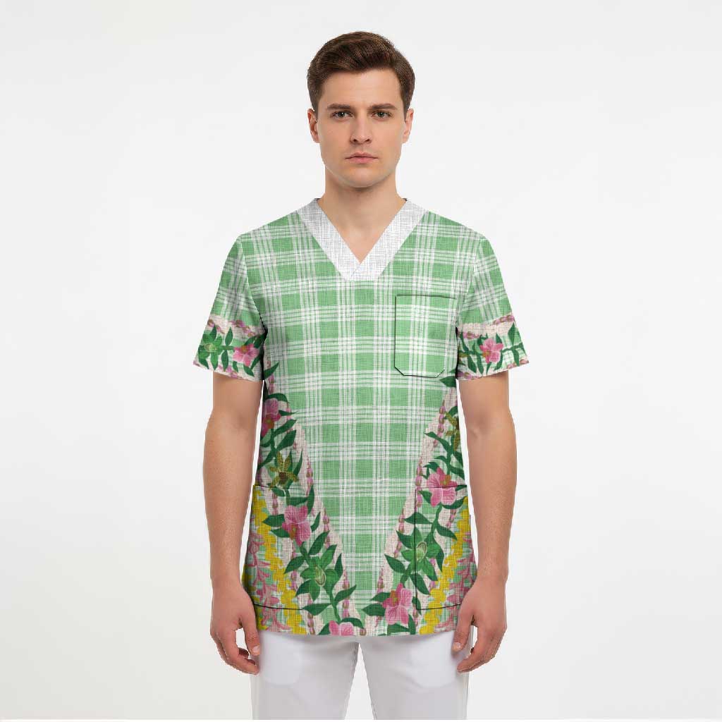 Hawaii Pikake Lokelani Plumeria Lei Scrub Top Green Palaka Motifs