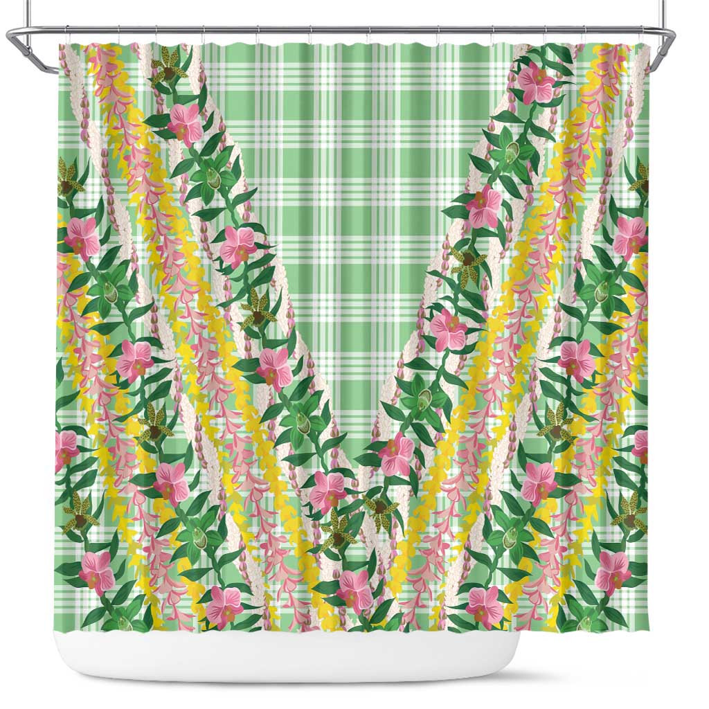 Hawaii Pikake Lokelani Plumeria Lei Shower Curtain Green Palaka Motifs LT05 Green - Polynesian Pride