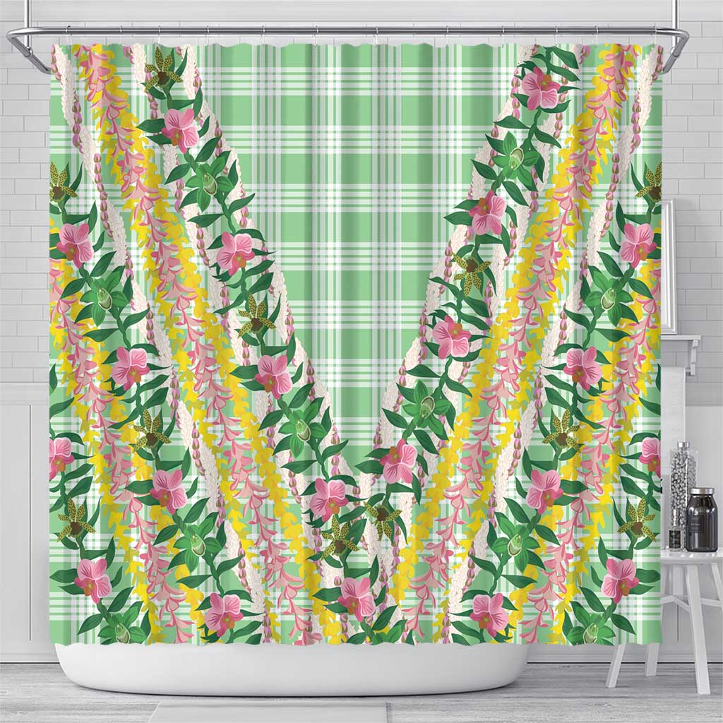 Hawaii Pikake Lokelani Plumeria Lei Shower Curtain Green Palaka Motifs LT05 - Polynesian Pride