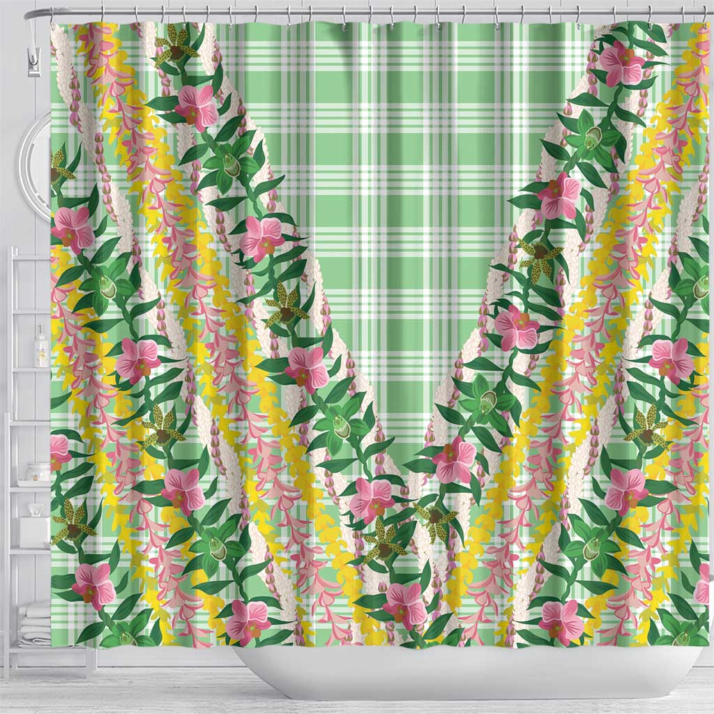 Hawaii Pikake Lokelani Plumeria Lei Shower Curtain Green Palaka Motifs LT05 - Polynesian Pride