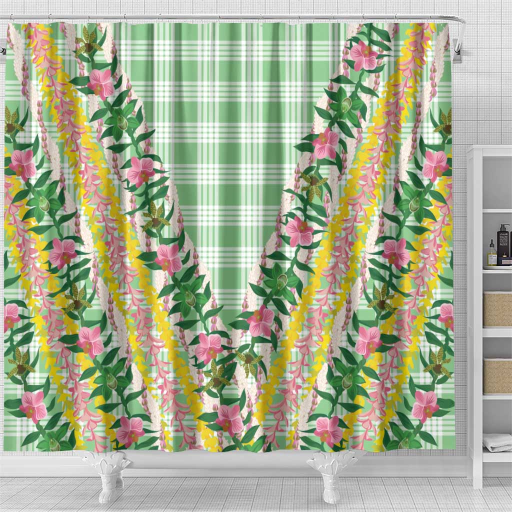 Hawaii Pikake Lokelani Plumeria Lei Shower Curtain Green Palaka Motifs LT05 - Polynesian Pride
