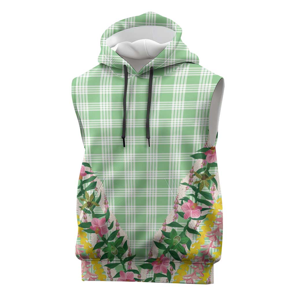 Hawaii Pikake Lokelani Plumeria Lei Sleeveless Hoodie Green Palaka Motifs