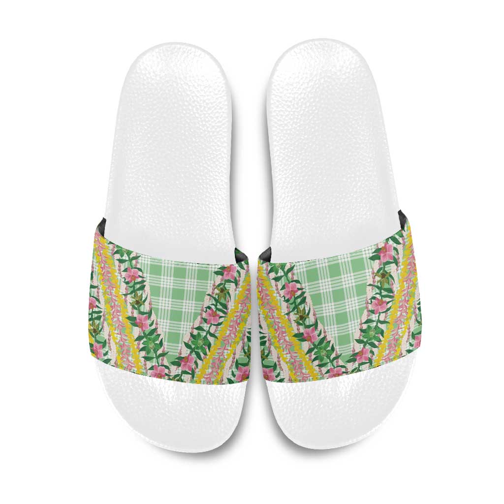 Hawaii Pikake Lokelani Plumeria Lei Slide Sandals Green Palaka Motifs