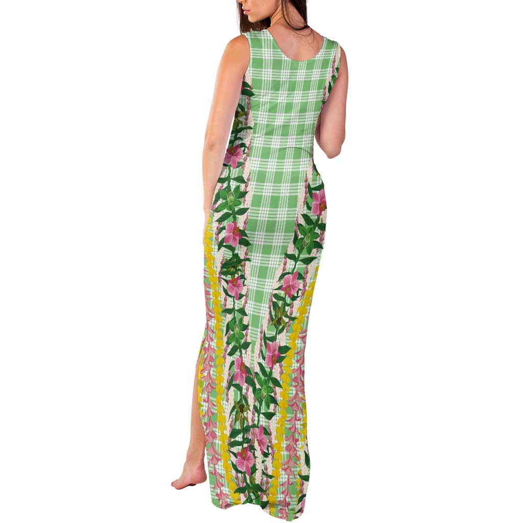 Hawaii Pikake Lokelani Plumeria Lei Tank Maxi Dress Green Palaka Motifs