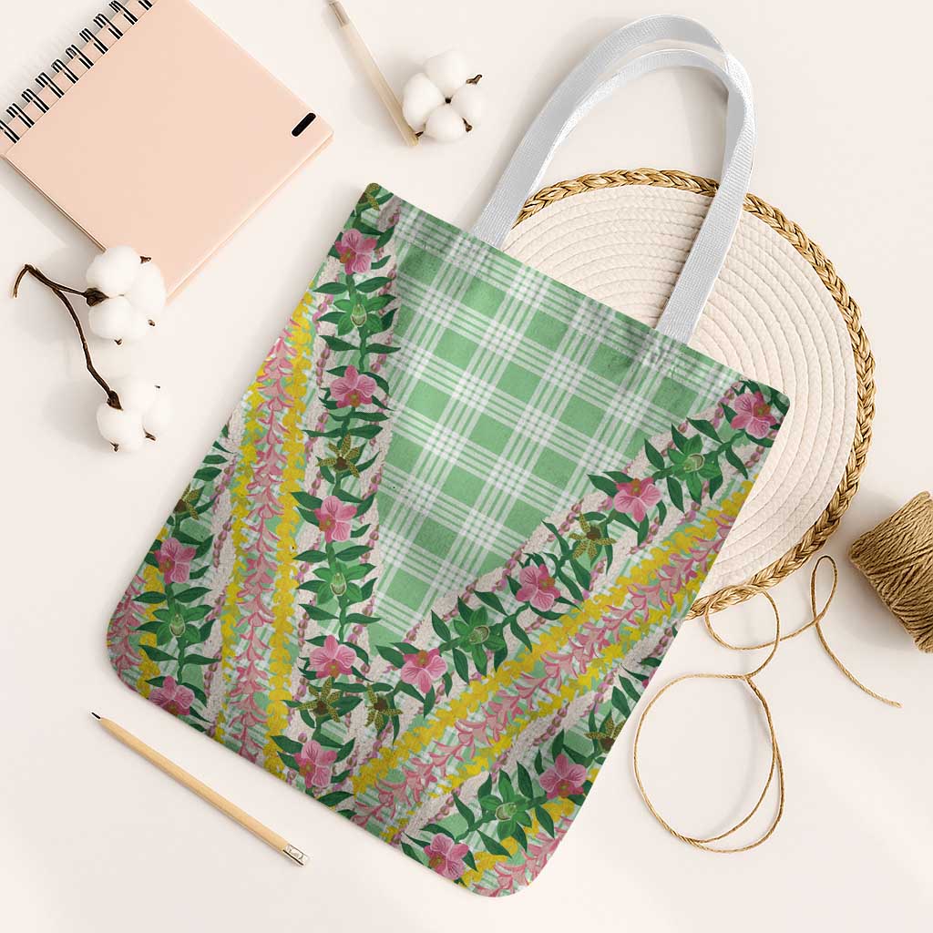 Hawaii Pikake Lokelani Plumeria Lei Tote Bag Green Palaka Motifs LT05 White Strap One Size Green - Polynesian Pride