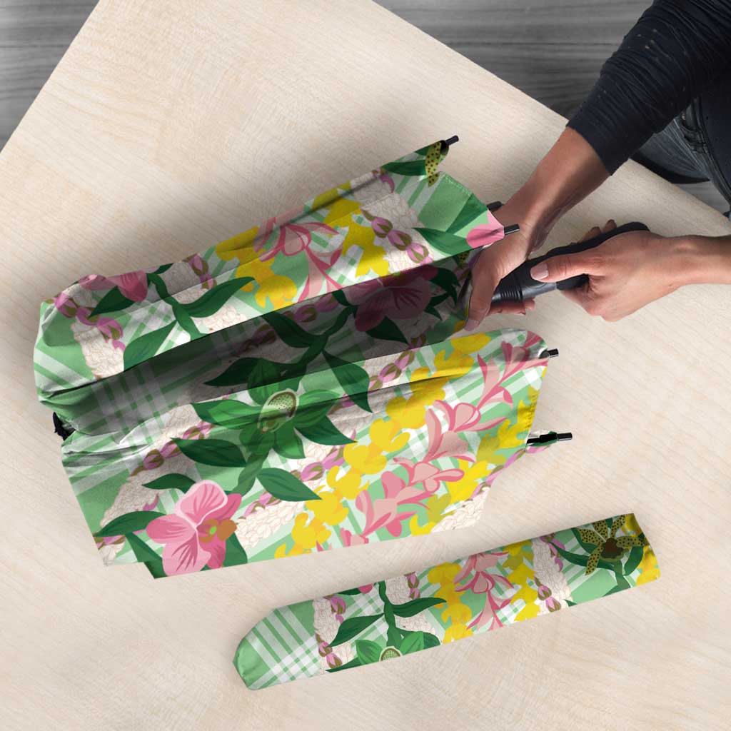 Hawaii Pikake Lokelani Plumeria Lei Umbrella Green Palaka Motifs