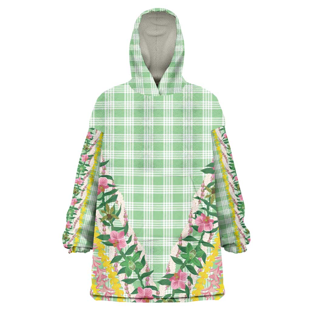 Hawaii Pikake Lokelani Plumeria Lei Wearable Blanket Hoodie Green Palaka Motifs