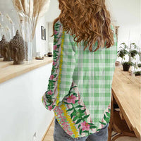 Hawaii Pikake Lokelani Plumeria Lei Women Casual Shirt Green Palaka Motifs