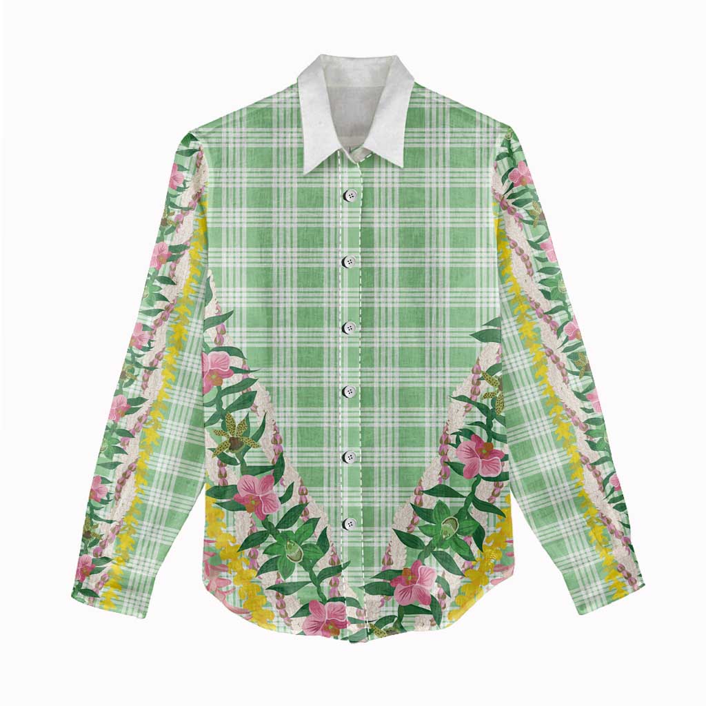 Hawaii Pikake Lokelani Plumeria Lei Women Casual Shirt Green Palaka Motifs