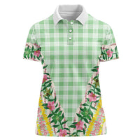 Hawaii Pikake Lokelani Plumeria Lei Women Polo Shirt Green Palaka Motifs