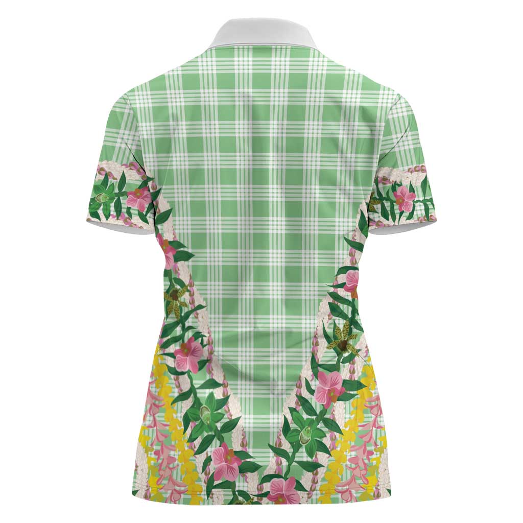 Hawaii Pikake Lokelani Plumeria Lei Women Polo Shirt Green Palaka Motifs