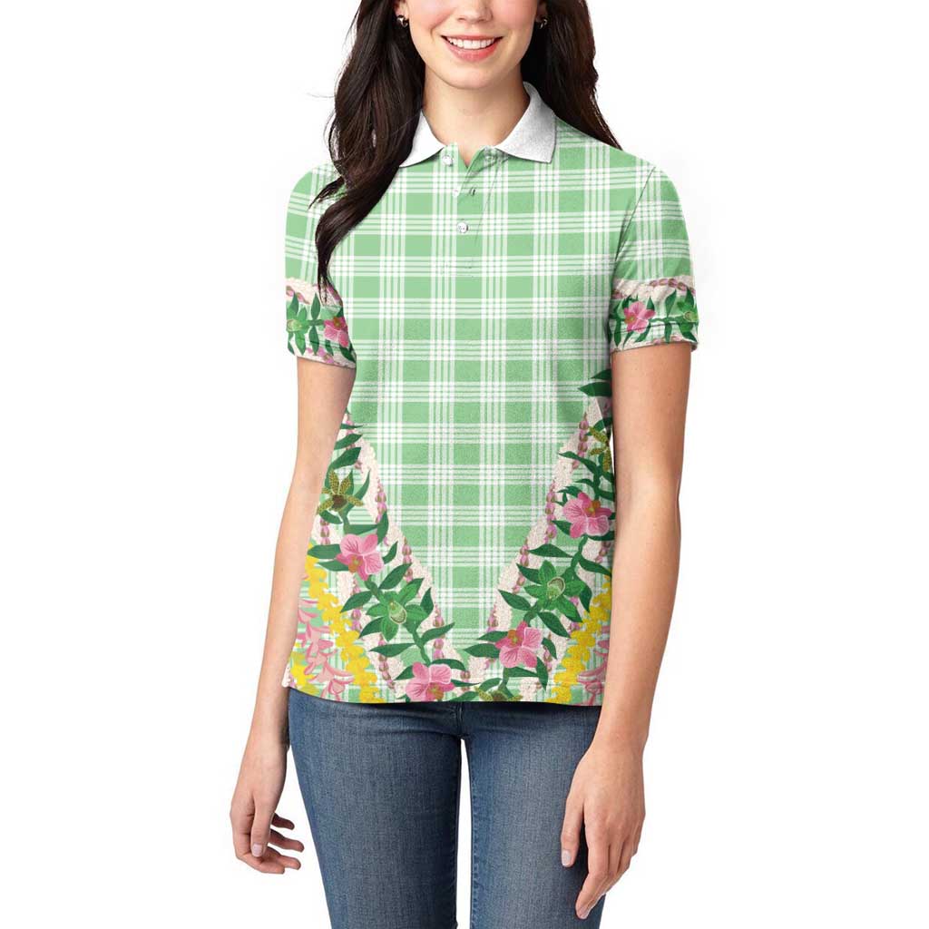 Hawaii Pikake Lokelani Plumeria Lei Women Polo Shirt Green Palaka Motifs