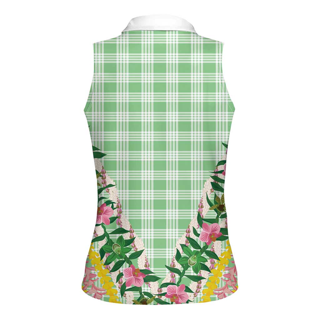 Hawaii Pikake Lokelani Plumeria Lei Women Sleeveless Polo Shirt Green Palaka Motifs