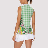 Hawaii Pikake Lokelani Plumeria Lei Women Sleeveless Polo Shirt Green Palaka Motifs