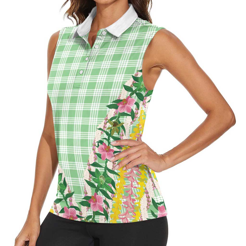 Hawaii Pikake Lokelani Plumeria Lei Women Sleeveless Polo Shirt Green Palaka Motifs